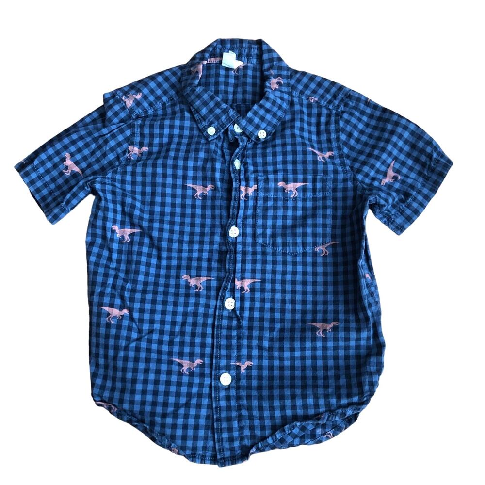 Baby Gap Button-Down Short Sleeve Dino Graphic Plaid Blue Shirt Toddler Size 3